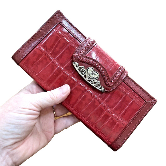 Vintage Y2K Red Leather Checkbook Wallet Moc Croc Silver Heart Clutch Purse - Picture 4 of 8